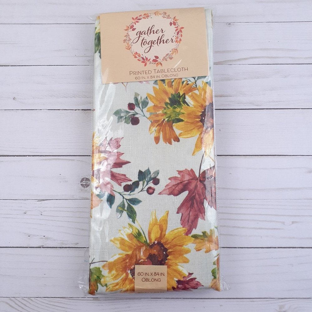 Fabric Tablecloth Fall Leaves Sunflowers 60x84 Pale Green